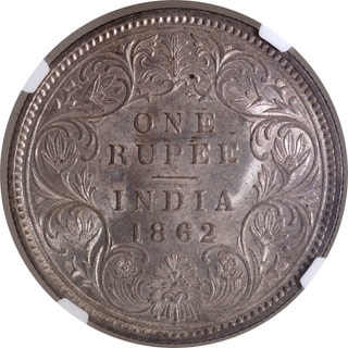 Calcutta Mint of NGC MS 62 Graded Silver One Rupee Coin of Victoria Queen of 1862.