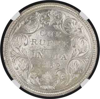 Rare NGC MS 63 Graded Silver One Rupee Coin of Victoria Queen of Bombay Mint of 1862.