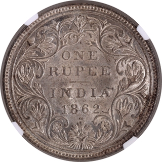 Rare 1862 NGC MS 62 Graded Silver One Rupee Coin of Victoria Queen of Bombay Mint.