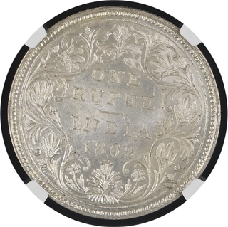 Rare NGC MS 63 Graded Silver One Rupee Coin of Victoria Queen of Bombay Mint of 1862.