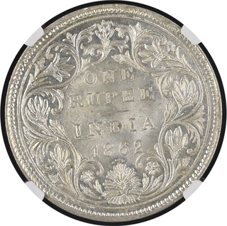 Scarce NGC MS 62 Graded Silver One Rupee Coin of Victoria Queen of Bombay Mint of 1862.