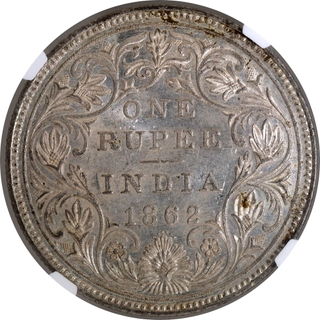 Victoria Queen of NGC MS 62 Graded Silver One Rupee Coin of Bombay Mint of 1862.