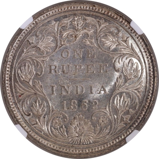 Silver One Rupee NGC MS 62 Graded Coin of Victoria Queen of Bombay Mint of 1862.