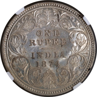 Rare NGC MS 61 Graded Silver One Rupee Coin of Victoria Queen of Calcutta Mint of 1874.