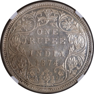 Rare NGC MS 61 Graded Silver One Rupee Coin of Victoria Queen of Bombay Mint of 1874.