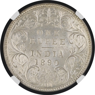 NGC MS 62 Graded Silver One Rupee Coin of Victoria Empress of Bombay Mint of 1890.