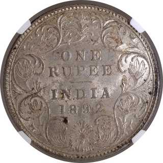 NGC MS 62 Graded Silver One Rupee Coin of Victoria Empress of Bombay Mint of 1892.