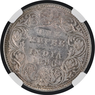 Scarce NGC AU 58 Graded Silver One Rupee Coin of Victoria Empress of Bombay Mint of 1898.