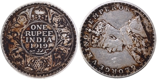 Rare Silver One Rupee Coin of King George V of Bombay Mint of 1919 with Die Rotation.