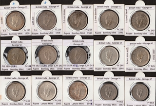 King George VI Silver and Nickel Fifteen Coins Collection of Different Years of Calcutta, Bombay, Lahore Mint.