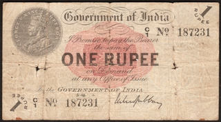 Calcutta Circle of One Rupee Banknote of 1917 of King George V Signed by M M S Gubbay.