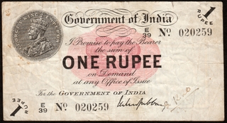 British India One Rupee Banknote of King George V Signed by M M S Gabbay of Universalized Circle of 1917.