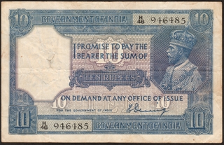 Very Rare Ten Rupees Banknote of British India of 1925 of King George V Signed by H Denning.