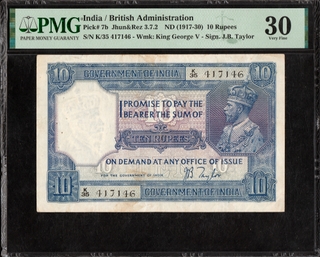 Very Rare Graded PMG 30 Very Fine 1926 of Ten Rupees Banknote of British India Signed by J B Taylor.