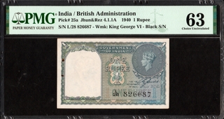 Very Rare PMG Graded 63 Choice Uncirculated King George VI One Rupee Banknote Signed by C E Jones of 1944.