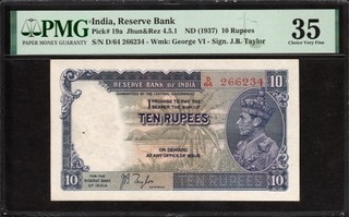 Scarce PMG Graded 35 Choice Very Fine Ten Rupees Banknote of 1938 of King George VI Signed by J B Taylor.