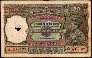 Rare One Hundred Rupees Banknote of King George VI Signed By J B Taylor of 1938 0f Calcutta Circle. 