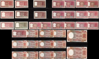 Rare Complete Collection of 36 Notes of Two Rupees Banknotes of Republic India.