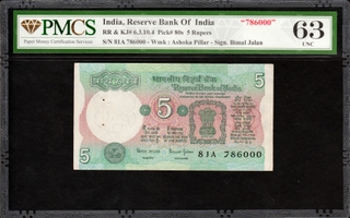 Rare Republic India Banknote of Fancy Number 786000 Signed by Bimal  Jalan of 1997-2003 with PMCS 63 UNC Grade.