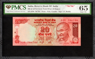 Rare Twenty Rupees Banknote of Republic India 786786 Fancy Number of PMCS 65 Gem UNC Graded of 2003-05 Signed by Y V Reddy.