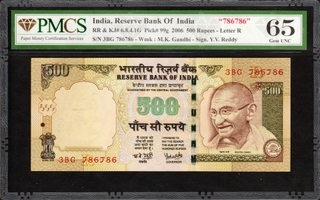 Rare Five Hundred Rupees PMCS Graded 65 Gem UNC of 2006 Banknote Signed by Y V Reddy of Republic India of 786786 Fancy Number.