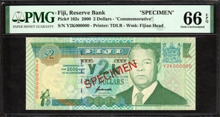 Rare PMG Graded 66 Two Dollars Specimen Banknote of Fiji of 2000.