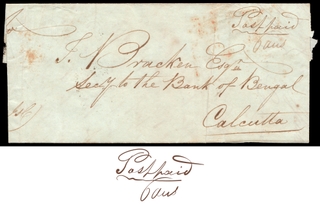 Extremely Rare Pre-Stamp Post-Paid Cover dispatched from Subatoo in 1843.