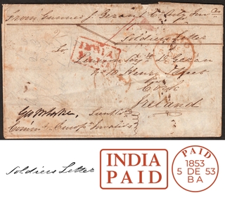 Unrecorded India-Paid Pre Stamp Ship & Soldier’s Letter sent from Chunnar to Cork in 1853 of 8 Annas.