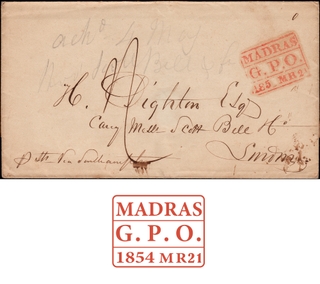 Pre Stamp Cover Steamer letter dispatched from Madras to Southampton in 1854.