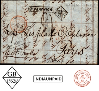 India Unpaid Letter sent Bombay to Paris (France) on 24th May 1862.