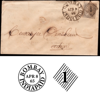 Rare 1865 Cover Dispatched to Aden Steamer Point from Bombay.