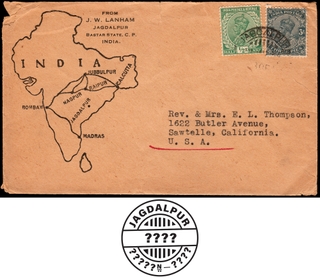 King George V Cover with map of undivided India and 2 stamps.