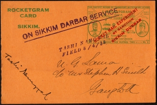 Rare Rocketgram Card on Sikkim Darbar Service signed by Stephen A Smith in 1935