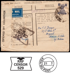 Rare Green Envelope of Active Service of George VI passed By RAF Censor.