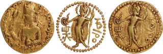 Huvishka Gold Dinar Coin of Kushans of Ardokhsho-MOIPO type.