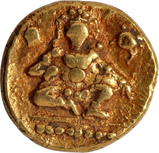 Balakrishna seated Gold Half Varaha Coin of Krishnadevaraya of Vijayanagara Empire.