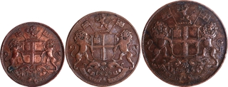 Set of Three Copper Coins, One Two & Four Pice of Madras Presidency.