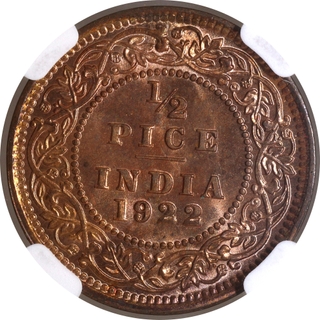 Rare NGC MS 65 RB Bronze Half Pice Coin of King George V of Calcutta Mint of 1922.