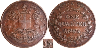 Rare Copper One Quarter Anna Coin of East India Company of Bombay Mint of 1835.