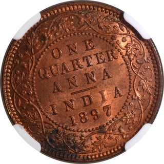 Rare NGC MS 63 RB Graded Copper One Quarter Anna Coin of Victoria Empress of Calcutta Mint of 1897.