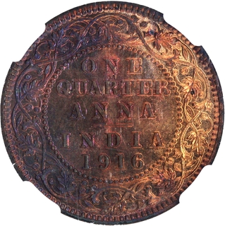 Extremely Rare NGC MS 65 RB Graded Bronze One Quarter Anna Coin of King George V of Calcutta Mint of 1916.