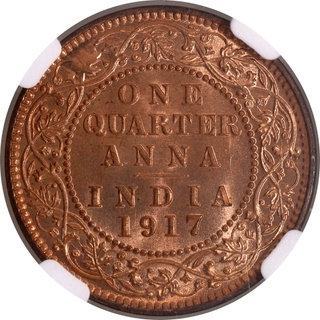 Rare NGC MS 65 RD Graded Bronze One Quarter Anna Coin of 1917 of Calcutta Mint of King George V.