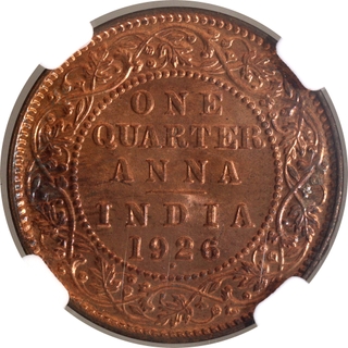 Very Rare NGC MS 65 RB Graded Bronze One Quarter Anna Coin of Bombay Mint of King George V of 1926.