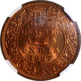 Rare NGC MS 66 RD Bronze One Quarter Anna Coin of King George V of Bombay Mint of 1927.