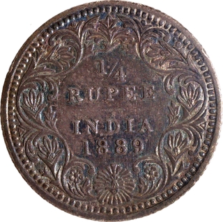 Silver Quarter Rupee Coin of Victoria Empress of Calcutta Mint of 1889.