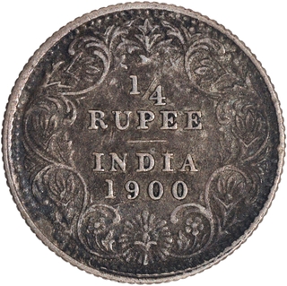 Scarce Year of 1900 Silver Quarter Rupee Coin of Victoria Empress of Calcutta Mint.