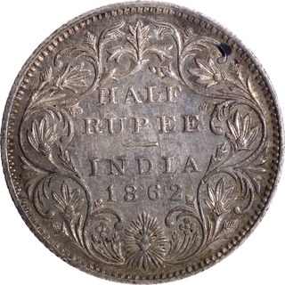 Scarce 1862 Victoria Queen of Silver Half Rupee Coin of Bombay Mint.