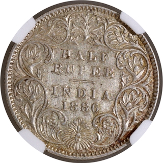 Very Scarce NGC AU Graded Silver Half Rupee Coin of Victoria Empress of Calcutta Mint of 1886.