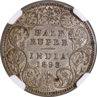 Very Rare NGC AU Graded Silver Half Rupee Coin of Victoria Empress of Bombay Mint of 1893.