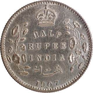 Scarce Grade 1907 Silver Half Rupee Coin of King Edward VII of Bombay Mint.